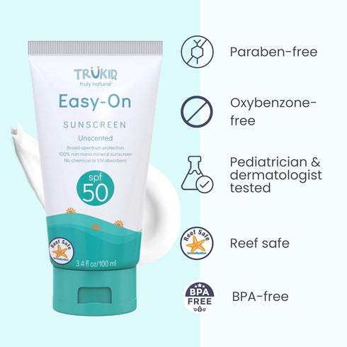 50 3.4oz TruKid Easy On Mineral Sunscreen SPF - Kids & Baby Sunscreen for Face & Body, Non-Toxic Zinc Oxide Sunblock