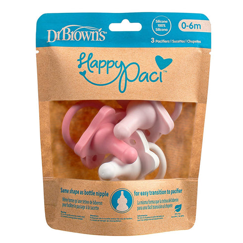 100% 0-6m, 6-Pack Dr. Brown's HappyPaci Silicone Baby Pacifier, Contoured One-Piece Design, Gray/Green/Ecru + Light
