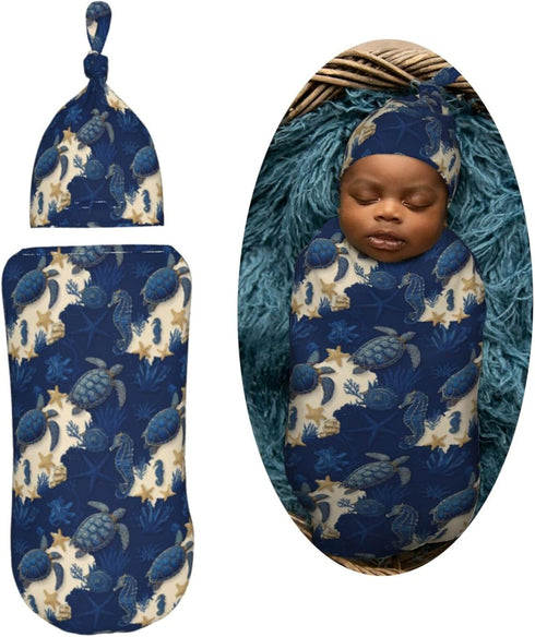 Sets Turtle Starfish Seahorse Newborn Swaddle Blankets Hat Soft Baby Receiving Blanket Swaddle Sack for Baby Shower