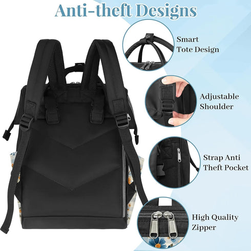 Honeybaby Backpack 19L Diaper Bag for Mom & Dad Checkered Background Flowers Large Diaper Bag Tote with Multi-Pocket