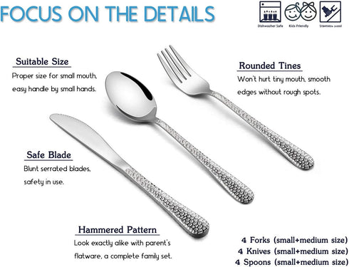 12 Piece Kids Utensils Silverware Set, E-far Stainless Steel Hammered Toddler Cutlery Child Flatware Progress Set, Small Adult Diet Tableware Include Fork Spoon Knife, Mirror Finished, Dishwasher Safe by E-far