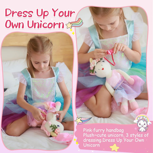 Unicorn Doll Stuffed Animal Toys for Girls, Ballerina Doll with Plush Carrier Bag, 3 Set Accessories