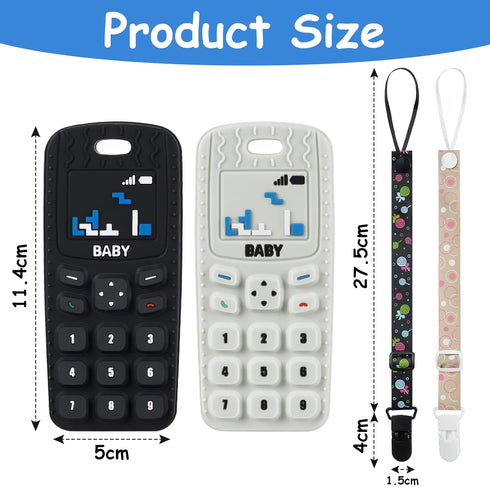 Baby Teether Toys, 2PCS Silicone Baby Teething Toys Phone Shape with 2PCS Pacifier Clip, Soft Teething Toys for Toddlers,Boys Girls Baby Chew Toys,Teethers for Babies 0-6 Months(Beige & Black)