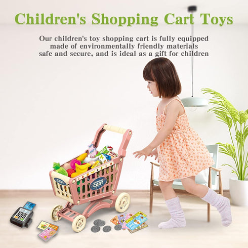 54pcs Playset RedCrab Kids Shopping Cart Toy Supermarket Included Grocery Cart Toy,Credit Card Pretend Fruit Vegetables