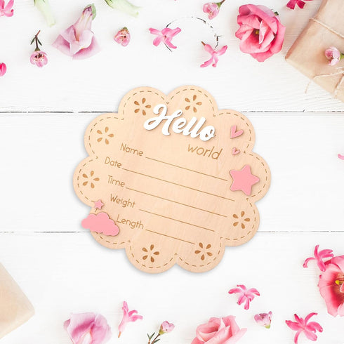 Penitue Hello World Newborn Signs, Wood Cute Baby Welcome Announcement Sign with Holder Birth Name Plaque for Photo