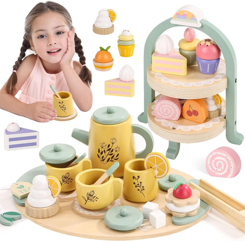 Wooden Tea Party Set for Little Girls, Toddler Tea Set with Cupcake