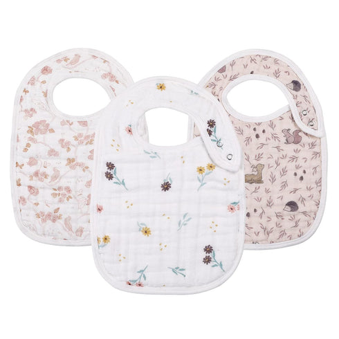 Snap Muslin Bibs for Girls, 3-Pack Baby Bibs for Infants, 100% Cotton Muslin, Adjustable Snaps, Soft & Absorbent