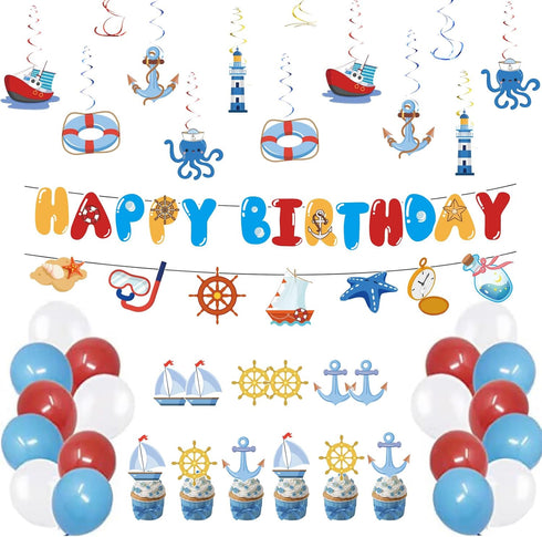 PRATYUS Nautical Party Decorations for Boys, Girls, Adults - Anchor Sailboat Theme Supplies with Banner, Cake Topper,
