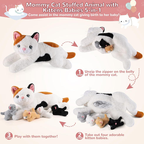 5 1 Mommy 4 3-8, gnomantic Pieces Cat Stuffed Animals with Babies Inside Belly - Stuffed Cat with Kittens - Stuffed
