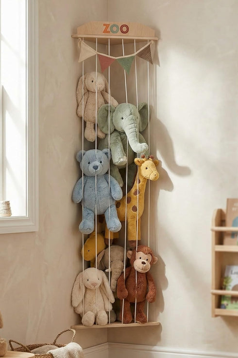 Stuffed Animal Storage Zoo with Decorative Muslin Garland - Cute Wooden Toy