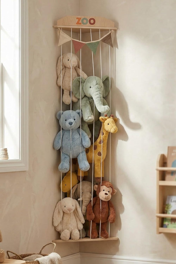 Stuffed Animal Storage Zoo with Decorative Muslin Garland - Cute Wooden Toy