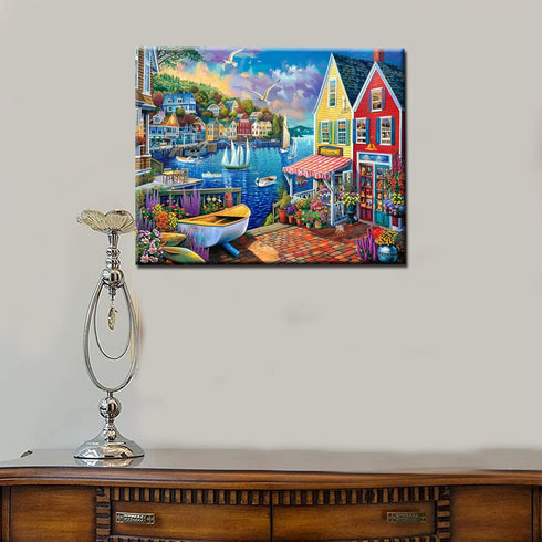 Colorful Coastal Town Paint by Number Kits, 16 x 20 inch Canvas DIY Oil Painting for Kids, Students, Adults with Brushes