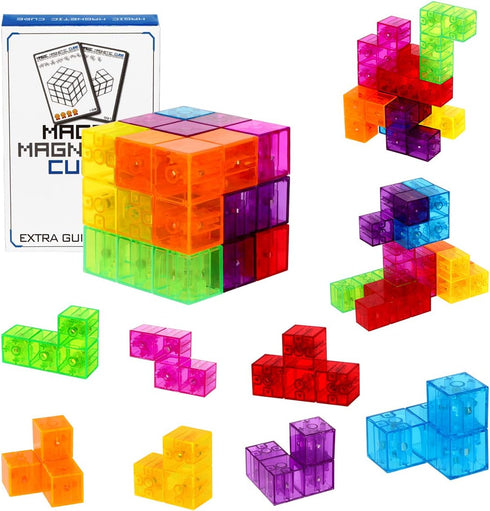 Magnetic Building Blocks, Magic Magnetic 3D Puzzle Cubes, Set of 7 Multi Shapes with 54 Guide Cards for Intelligence