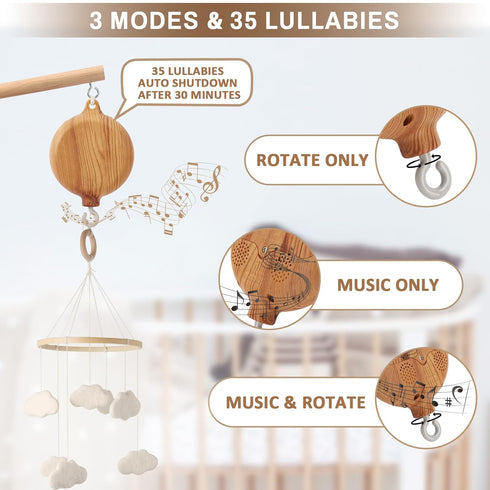 65 Inch 100% 35 Floor-Standing Crib Mobile Arm with Music Box - Mobile Arm for Crib - Beech Wood - Crib Mobile Motor