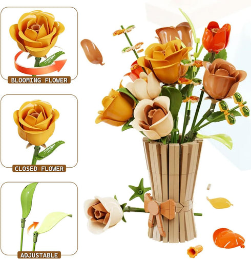 Store Set 868PCS Bagari Roses Bouquet Building - Artificial Flowers Building Blocks with Vase, Compatible with Lego Kit
