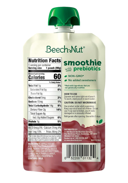 Beech-Nut Toddler Smoothies with Prebiotics, Apple Cherry Kiwi Purple Carrot & Yogurt Baby & Toddler Food Pouches, 3.5 oz (12 Pack)