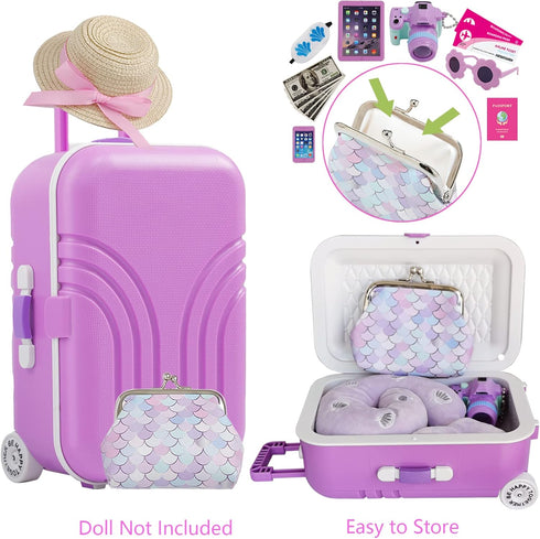 Srua Don 18 Inch Set, 18inch Doll Suitcase Travel Luggage Play Mermaid Theme Travel Carrier Storage Accessories
