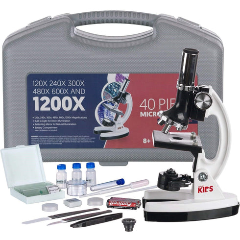 AmScope Kids Biological Microscope Kit - 120X-1200X, 48pc Metal Arm & Base, FBA_M30-ABS-KT1-W
