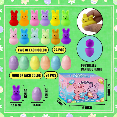 24 Pack Prefilled Easter Eggs with Bunny Mochi Squishy Toys, Filled Easter Eggs for Kids, Easter Basket Stuffers