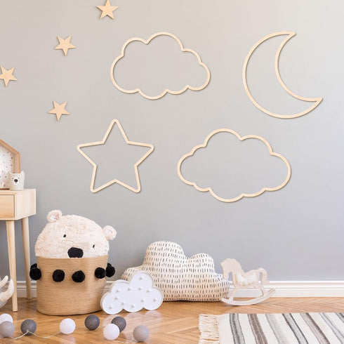 Kathfly4 Pieces Boho Nursery Cloud Star Wall Decor Wooden Babyroom Moon Rattan Wall Decor Wooden Rainbow for Children