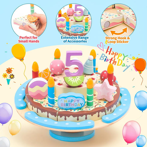 Set HAPGFS Wooden Birthday Cake Toy for Kids, Realistic Birthday Cake with Candles and Fruits for Pretend Play, Wooden