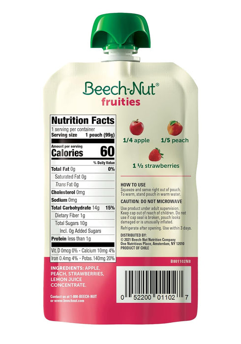 Beech-Nut Baby Food Pouches, Peach Apple Strawberry Fruit Puree Baby & Toddler Food, 3.5 oz (12 Pack)