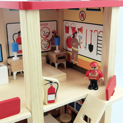 Wooden Fire Station Playset, Multicolor 3-Level Dollhouse with Figures and Accessories for Kids Age 3+