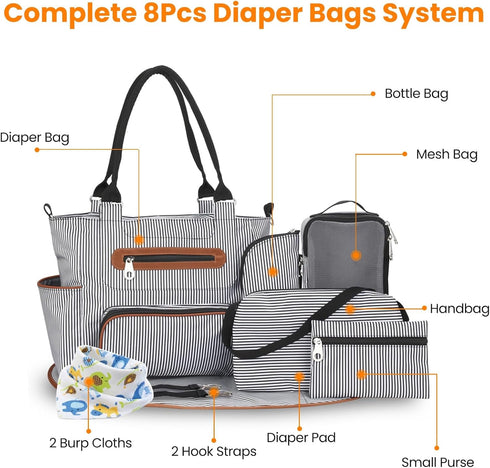 8pc Set, Moclever Diaper Tote Baby Essentials with Multifunctional Diaper Bags, Bottle & Mesh Bag