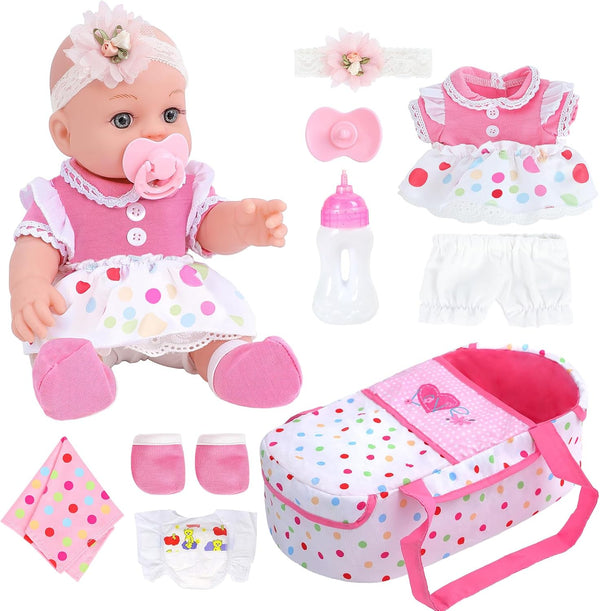DONTNO 12 Inch Baby Doll with Bassinet Bed,Reborn Alive Doll Includes Clothes