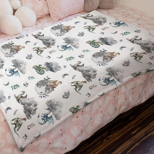 Watercolor Dragons Fairytale Baby Blanket, Dragon Wings Leaves Moon Clouds, Soft Swaddle Blanket for Toddler Newborn