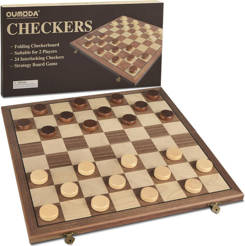 15" Set 8x8 24 OUMODA Walnut Magnetic Checkers Board Game - Folding Wooden Chessboard with Interlocking Pieces, Storage