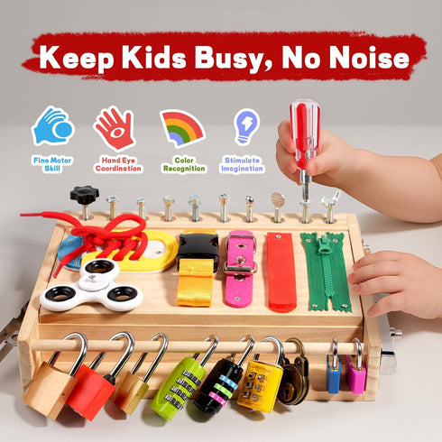 2-5 Set, INIFEIDALA Montessori Wooden Busy Board - Fine Motor Skills Toys for Year Old Boys Girls, Preschool STEM Life