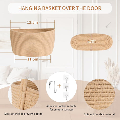 3-Tier Goodpick Hanging Basket Over the Door, Cotton Rope Wall basket, Hanging Nursery Decor for Organizing, Jute