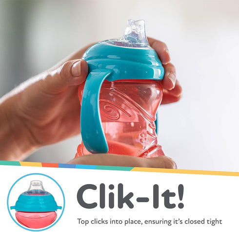 Nuby Clik-It Grip N' Sip Soft Spout No-Spill Training Sippy Cup with Handles - 10 oz (3-Pack) - Blue/Green/Red