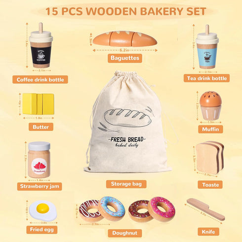 Inslat Playset Set 3+ Wooden Bakery Food Toys, Kids Pretend Play Food Baking Kitchen Accessories with Storage Bag