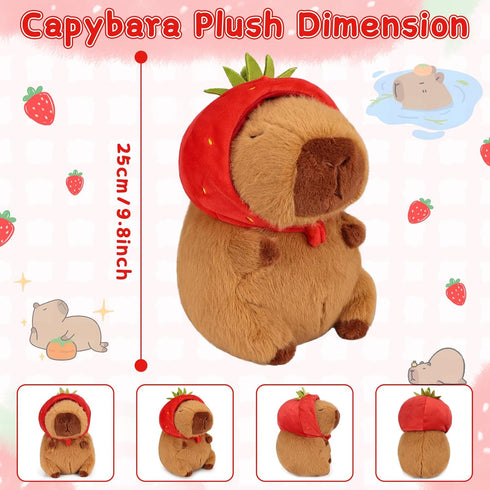 Emoin Capybara Plush Toy - 9.8 Inch Kawaii Capybara with Strawberry Hat, Soft Brown Doll Gift for Kids Adults