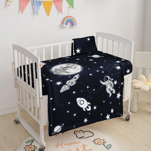 Datura home Set, 3-Piece Crib Bedding Nursery Bedding with Comforter, Sheet & Skirt - Rocket Astronaut Moon Printed
