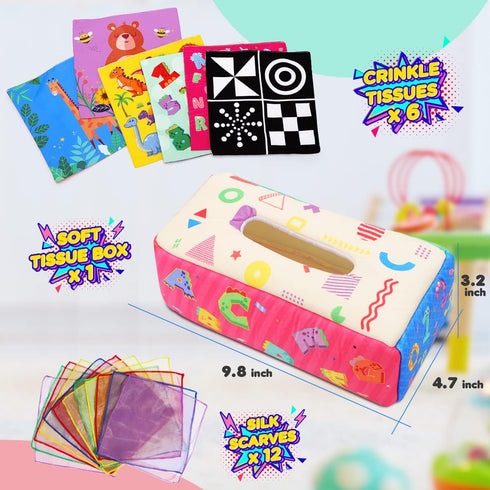 Baby Toys for 0-12 Months, Soft Crinkle Sensory Tissue Box Toy, Early Learning Gifts for Boys Girls, 6 to 18 Months