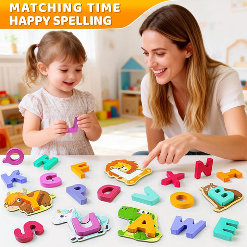 3 4 5 BEESTECH Animal Alphabet Flash Cards, Wooden Letter Puzzle, Educational ABC Learning Toys for Year Old Boys Girls