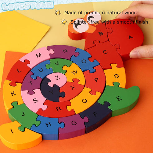 LovesTown Snail Wooden Puzzles - 26PCS Building Blocks Jigsaw Puzzle, Alphabet and Number Blocks for Kids