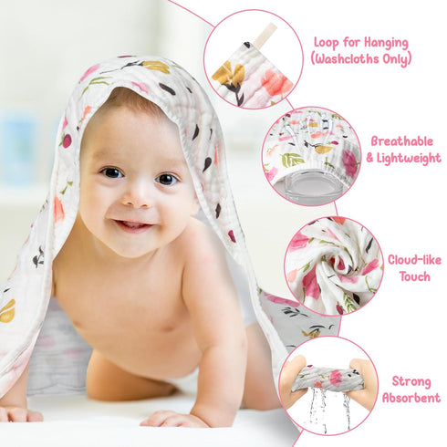 4Pcs Set 31.5 31.5 Zainpe Muslin Baby Hooded Towel & Washcloth Spring Pink Flowers Pattern Soft Absorbent Cotton Bath
