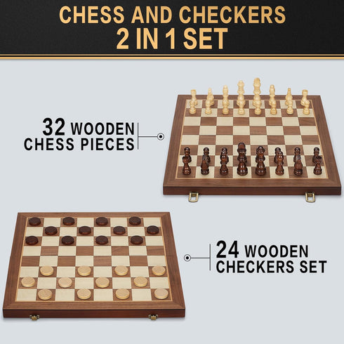 2 1 Set, 15" 2 Sets Set in Magnetic Wooden Chess and Checkers Board Game Folding Chess Boards with Extra Queens