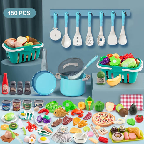150Pcs Playset, 2Pack Kitchen Toddlers Pretend Cooking Cookware Accessories, Food, Picnic Blanket, Fruits, Veges
