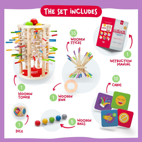 Nene Toys BALLFALL 4-in-1 Montessori Game with Colorful Sticks, Dice & Cards for Kids 3+ Years - Educational Wooden