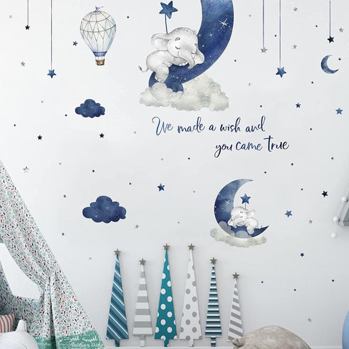 Yovkky Watercolor Blue Grey Sleeping Elephant Wall Decals, We Made a Wish Moon Star Cloud Stickers Hot Air Balloon