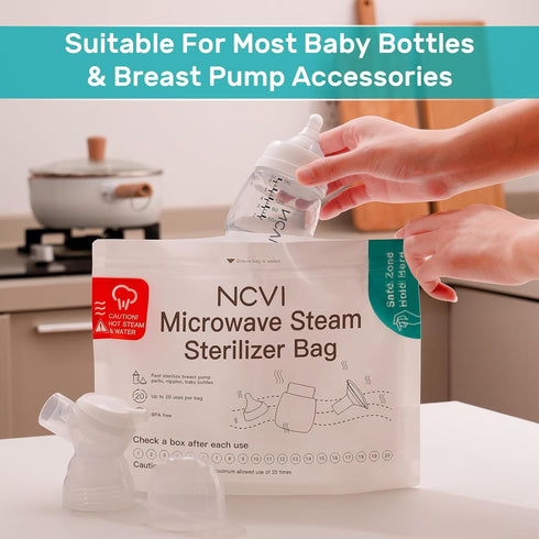 8 Count(160 NCVI Microwave Steam Sterilizer Bag for Baby Bottles Uses), Large Reusable Travel Sterilization Pouches