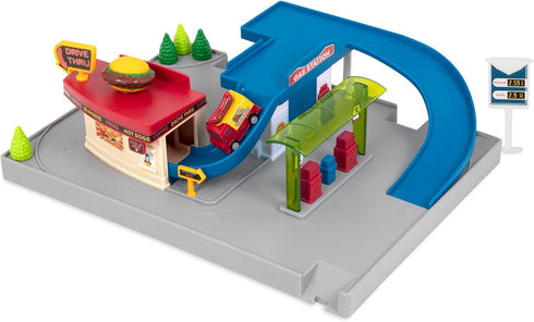 Driven by Battat Gas Station & Drive-Thru Restaurant Playset - 5-Piece Toy Car Accessories for Kids, 3 Years +