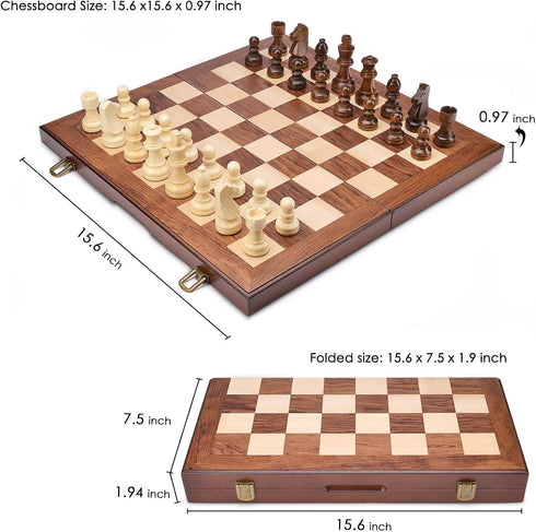 AMEROUS Wooden Chess & Checkers Set - 15 Inches (2 in 1) with Upgraded Weighted Chess Pieces, Gift Package