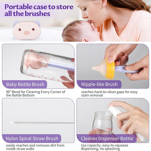 Set, VOOWO Baby Bottle Brush & Drying Rack, Portable Travel Kit - Silicone Bottle & Nipple Brush Straw Cleaner (Purple)