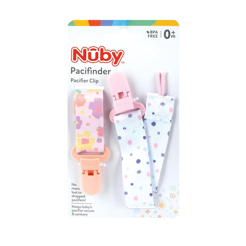 (2-Pack) Nuby Pacifinder Baby Pacifier Clip - - Pacifier Holder Clip with Convenient Hook Loop - Flowers and Polka Dots